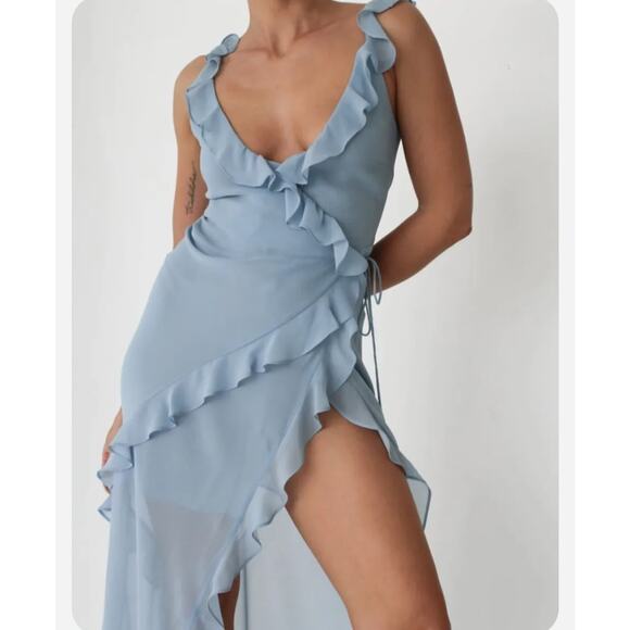 NEW Rumored Ruffle Wrap Maxi Dress Blue Angel Falls S - Picture 4 of 13